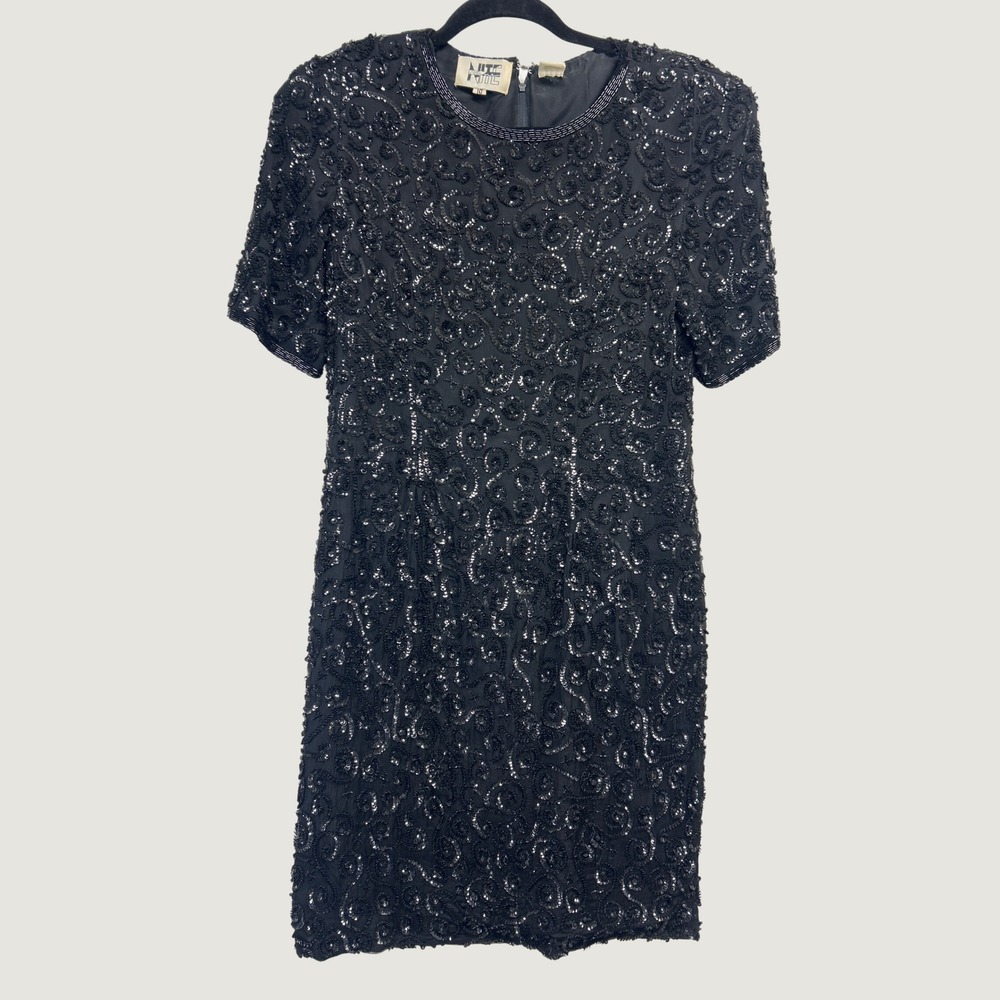 Vtg Nite Line Cocktail Dress Womens 10 Black Silk Beaded Sequin SS Holiday Glam